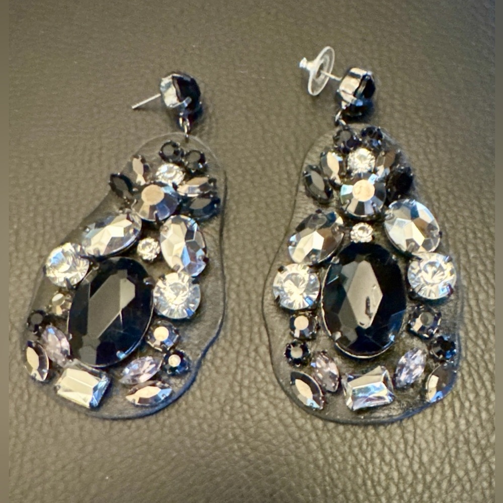 Prada Style Jeweled Earrings CrystalsLeather Stud  3” Long Glam Cocktail 80’s